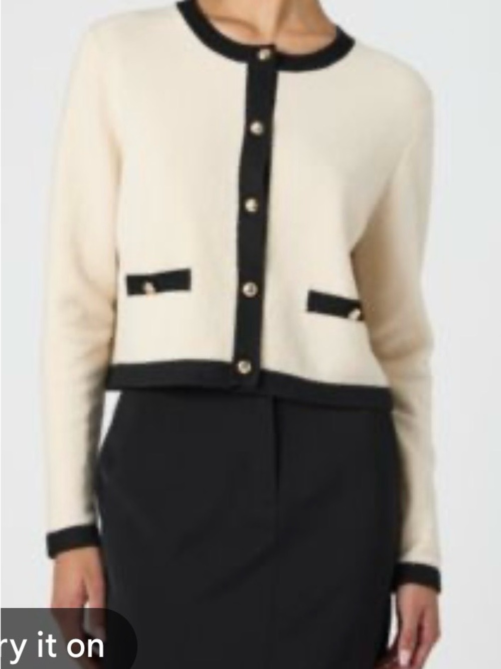 Elie Tahari Cream Cardigan with Black Contrast Trim